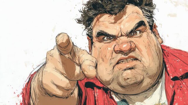 Hand-drawn animation of an angry, overweight man pointing accusingly, isolated on a white background