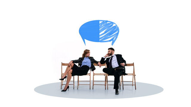 Two business people conversation with split speech bubble and handmade drawings. Concept of communication gap, different perspectives, negotiation strategy and decision making in business meetings.