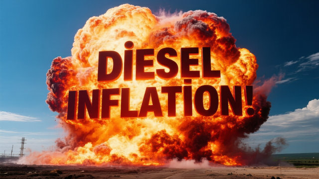 Diesel inflation text with explosion highlighting price surge concept and dramatic illustration with fire blast smoke and bold typography design