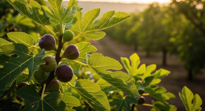 Fig tree with green leaves and ripe purple figs in orchard landscape