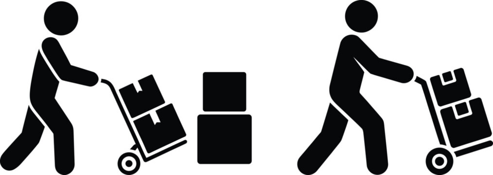 Two individuals transporting boxes using carts for delivery or moving tasks