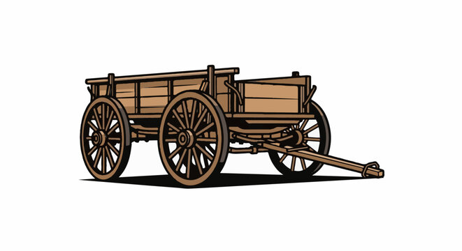 A rustic wooden cart with large spoked wheels, designed for hauling goods