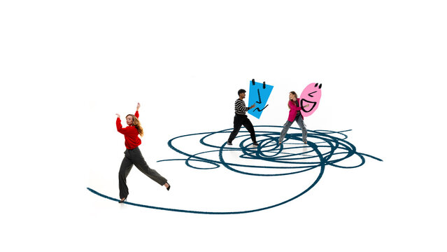 Woman escaping conflict chaos with handmade drawings and abstract scribbles. Concept of workplace conflict, team dynamics, business communication breakdown and avoiding stressful corporate situations