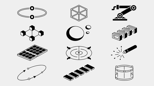 Precision CubeSat and molecular assembly icons - Perfect for nanosatellite research, space-grade material science, and engineering docs.
