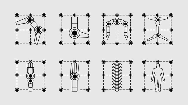 Exoskeleton actuator and joint support icons - Ideal for wearable robotics, physical therapy tech, and bionic hardware engineering.