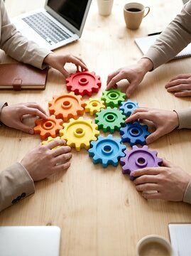 Hands arrange colorful gear cogs on a table, symbolizing teamwork and unity.