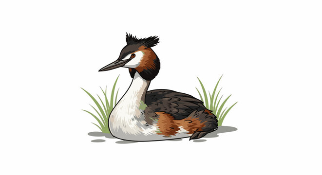 A stylized illustration of a grebe bird resting among green blades of grass