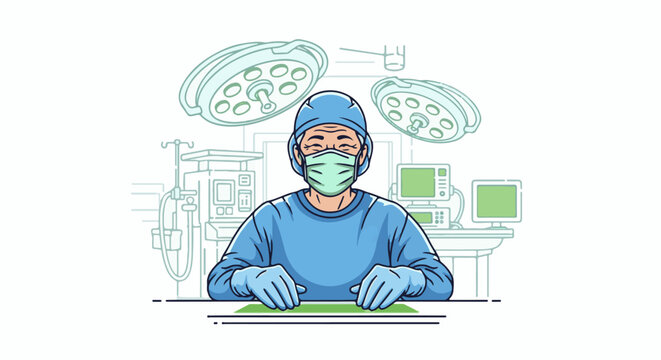 A surgeon in blue scrubs, mask, and cap sits in an operating room with medical equipment