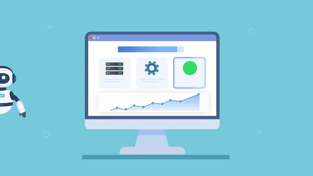 Animated video of a robot assistant beside a computer dashboard showing structured data, system settings, and analytics, representing AI data management, database organization, and workflow automation