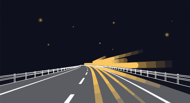 A surreal night highway with glowing yellow light streaks against a dark sky with faint stars
