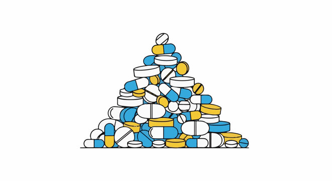 A tall, colorful pile of assorted pills and capsules