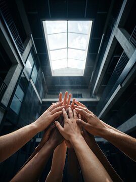 Multiple hands reaching up in a modern building, symbolizing teamwork and unity under skylight.
