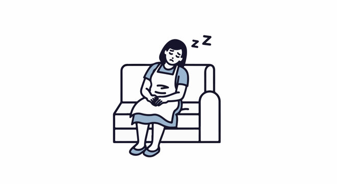 A tired person in an apron slumps asleep on a couch, with zzzs floating above