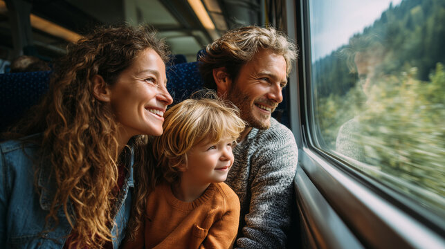 happy family traveling by train looking through window enjoying scenic journey