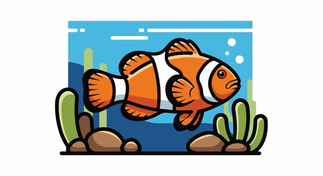 A vibrant cartoon clownfish swims through a blue aquatic environment with green plants and rocks