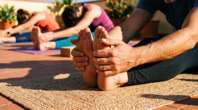 Group of people practicing seated forward bend yoga on sunny rooftop terrace. Wellness, mindfulness and flexibility training during outdoor fitness class.