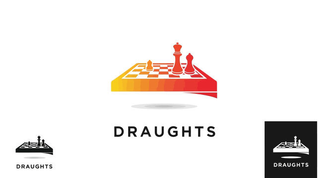 Creative Draughts Logo Design with Chess Pieces and Board.