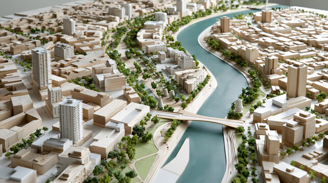 Architectural model urban planning cityscape river bridge scale model miniature city layout with waterfront district