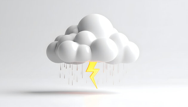 A stylized, 3D rendered cloud emits a bright yellow lightning bolt amidst falling rain.