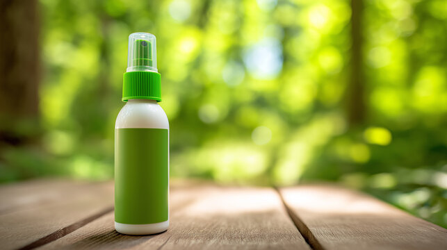 Insect repellent spray bottle with a green label and cap, standing on a wooden surface outdoors, representing summer protection and bug defense in nature, copy space