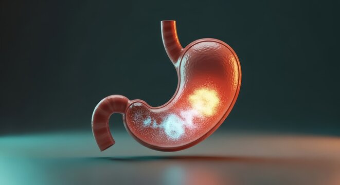 Stomach 3D render, gastric digestion anatomy visualization, acid concentration hotspot model, digestive fluid dynamics system, human organ medical study illustration