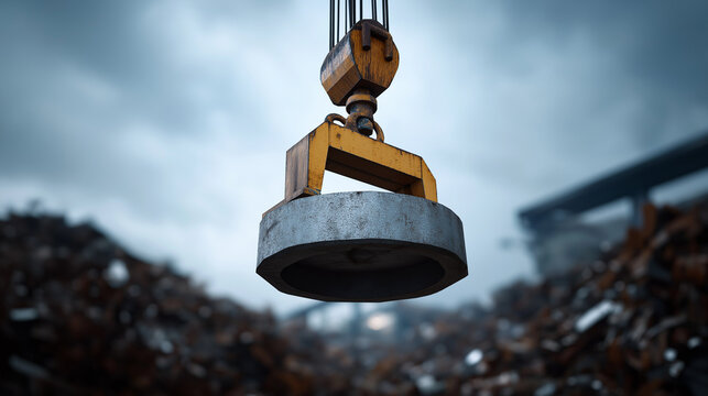 Large industrial crane electromagnet lifting scrap metal, managing recycled waste, performing heavy labor at a junkyard for sustainable material processing and recycling operations
