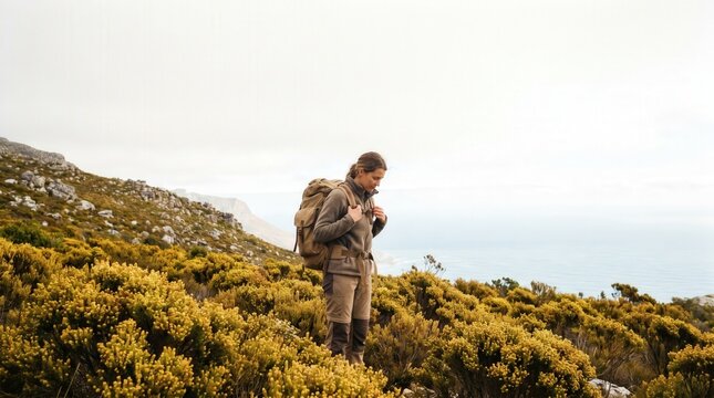 Female hiker with backpack standing among mountain fynbos overlooking the ocean. Solo adventure, outdoor travel and active lifestyle concept in a scenic coastal landscape.