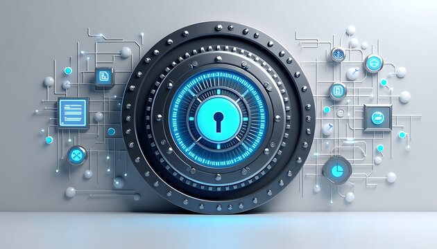 Abstract Technological Vault Door Design Illustrating Cybersecurity Protection And Data Encryption