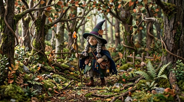 A clay-style witch figure stands in an enchanted forest filled with twisted branches and leaves. Ideal for fairy-tale publishing, fantasy branding, and seasonal content.