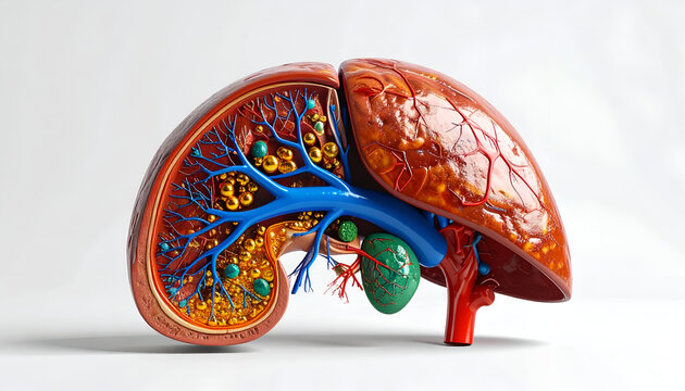 A detailed anatomical model of a human liver showcases its internal structure, including blood vessels, bile ducts, and lobules, against a clean white background.