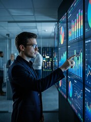 Fototapeta premium Man in office setting analyzing business data on touchscreen display. Professional environment.