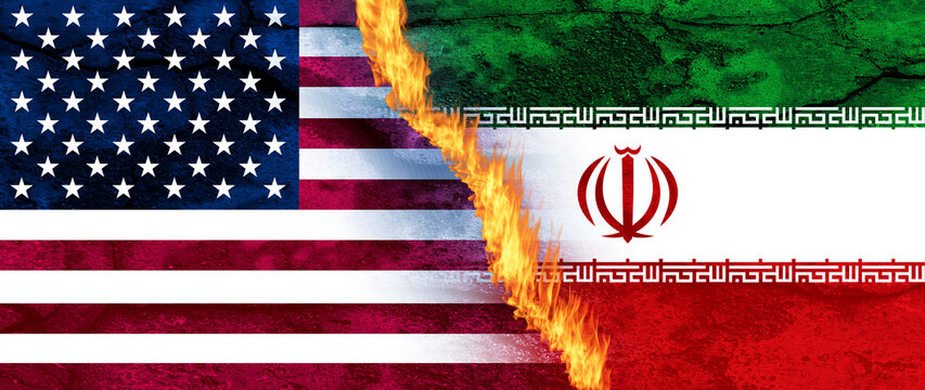 National flags of USA and Iran Conflict. Tension between america and iran flags on fire, Cracks Symbolizing Deepening International Crisis. not ai