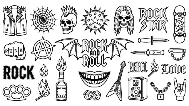 Punk rock subculture icons set in black and white gothic sticker style.