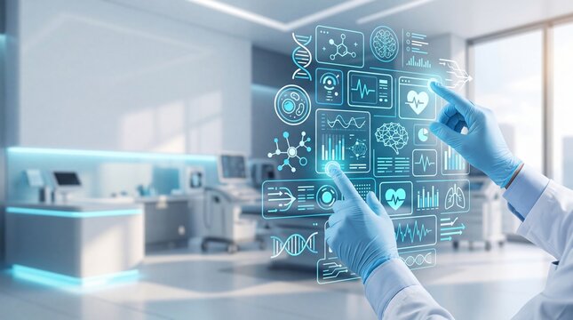 Future healthcare technology doctor analyzing patient data on digital interface with molecular structure and medical diagnostics