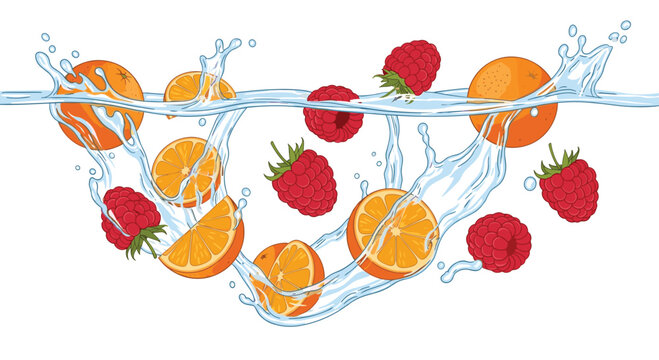 Dynamic water splash captures sliced orange segments and whole red raspberries falling into clear blue liquid against a pristine and minimalist white background.