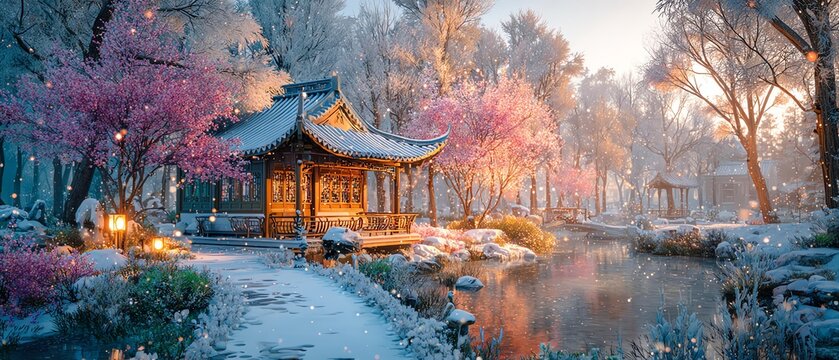 Serene winter landscape with cherry blossoms.