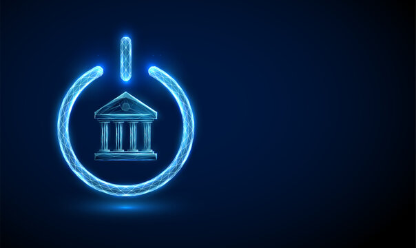 3d blue bank icon inside power button. Digital banking, instant financial access, online banking startup, fintech enablement, account access control concept