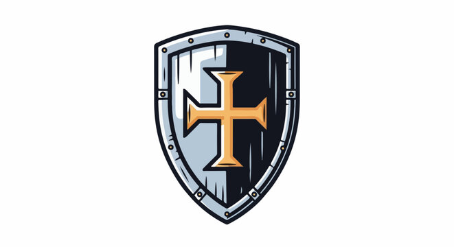 A stylized shield features a bold gold cross on a split background of silver and black
