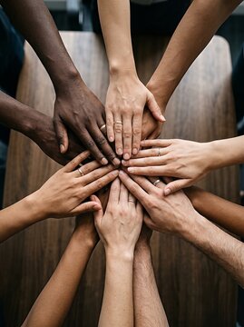 Top view of diverse hands layered together on a wooden table, representing teamwork and unity.