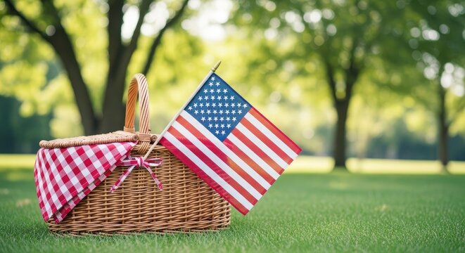 Festive flag day picnic american flags and wicker basket celebration