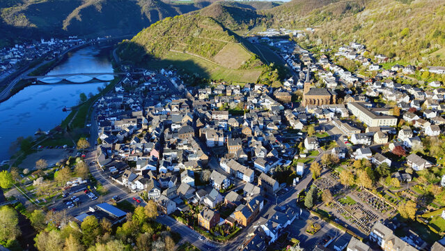 Aerial view beside the old town of the city Karden in Germany on a sunny noon in spring beside the river Mosel 