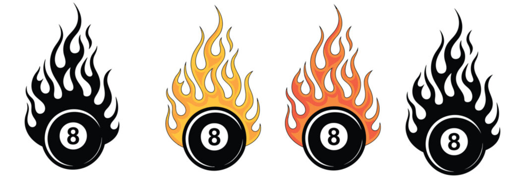 Billiard, 8 ball flame icon featuring burning pool ball symbol, game and sports concept with fire effect, modern flat vector illustration collection