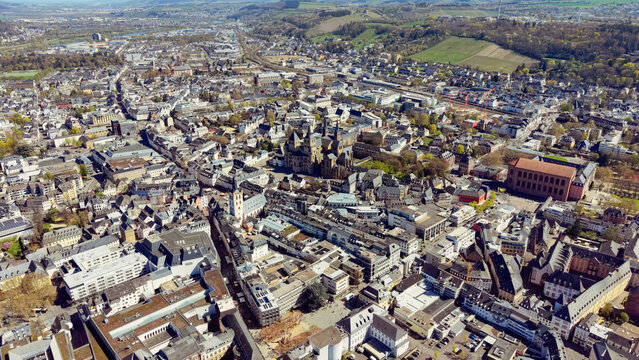 Aerial view beside the old town of the city Trier in Germany on a sunny noon in spring.
