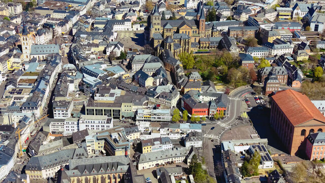 Aerial view beside the old town of the city Trier in Germany on a sunny noon in spring.