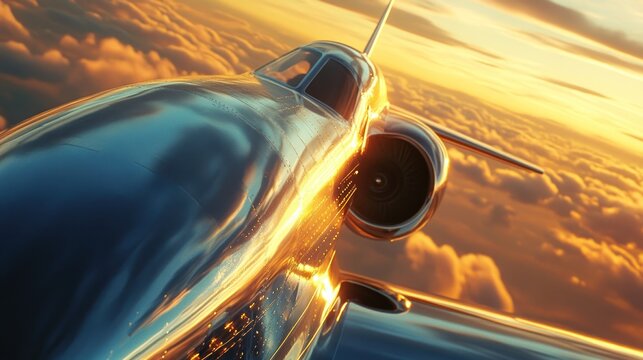 Jet plane soaring through golden sunset clouds