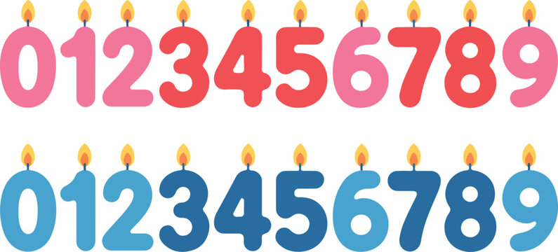 Colorful birthday number candles set from zero to nine in bubble style with flames isolated on clean white background