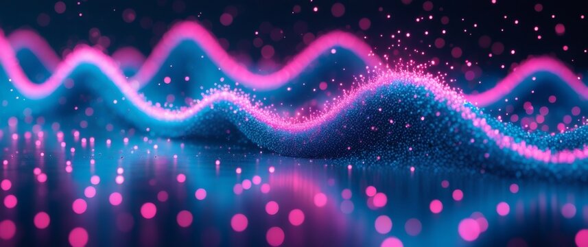 A pink and blue wave with particles in a dark background