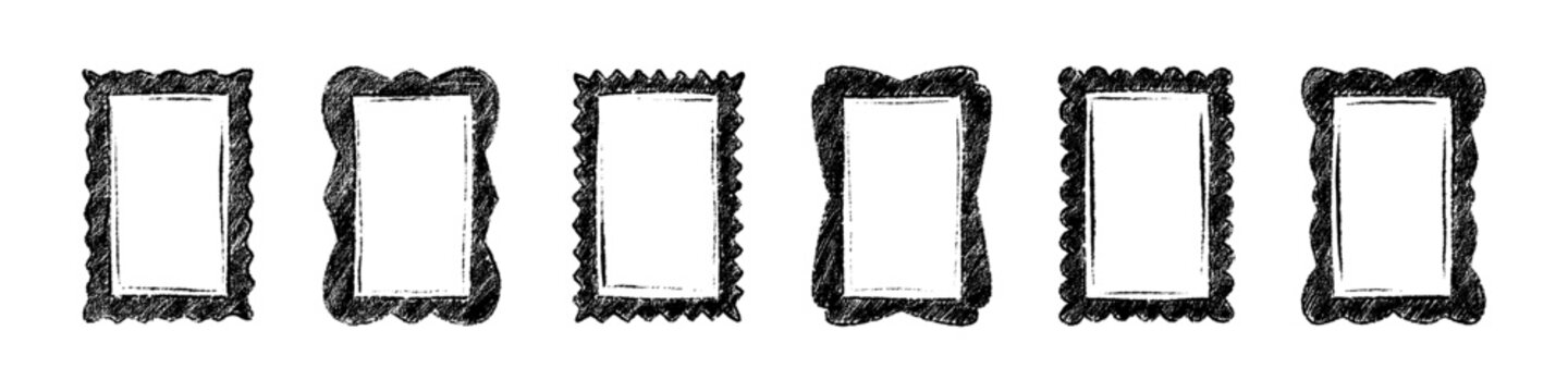 Hand drawn chalk, charcoal, pencil grunge frames. Rectangle paint brush quirky funky whimsical border. Sketch drawing childish text box. Emo goth ink frame. Childish kid scribble in the blackboard