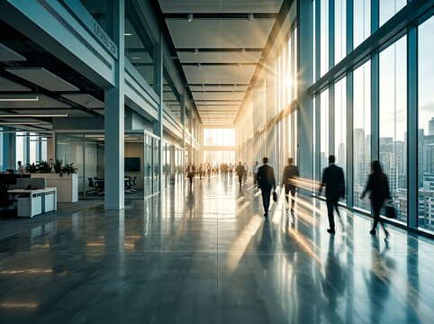 Modern office lobby with glass walls and people in motion during sunrise.