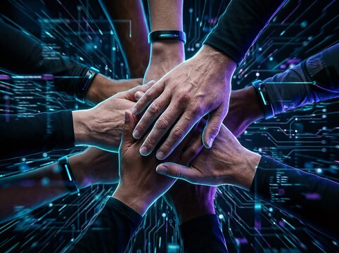 Multiple hands coming together in a circle, symbolizing team unity and cooperation with a digital background.